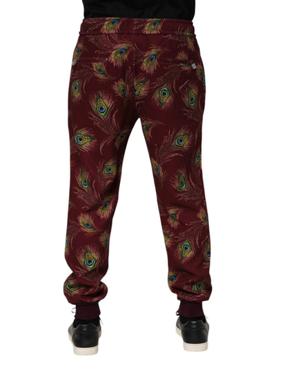 Dolce &amp; Gabbana Burgundy Peacock Feather Print Jogger Pants