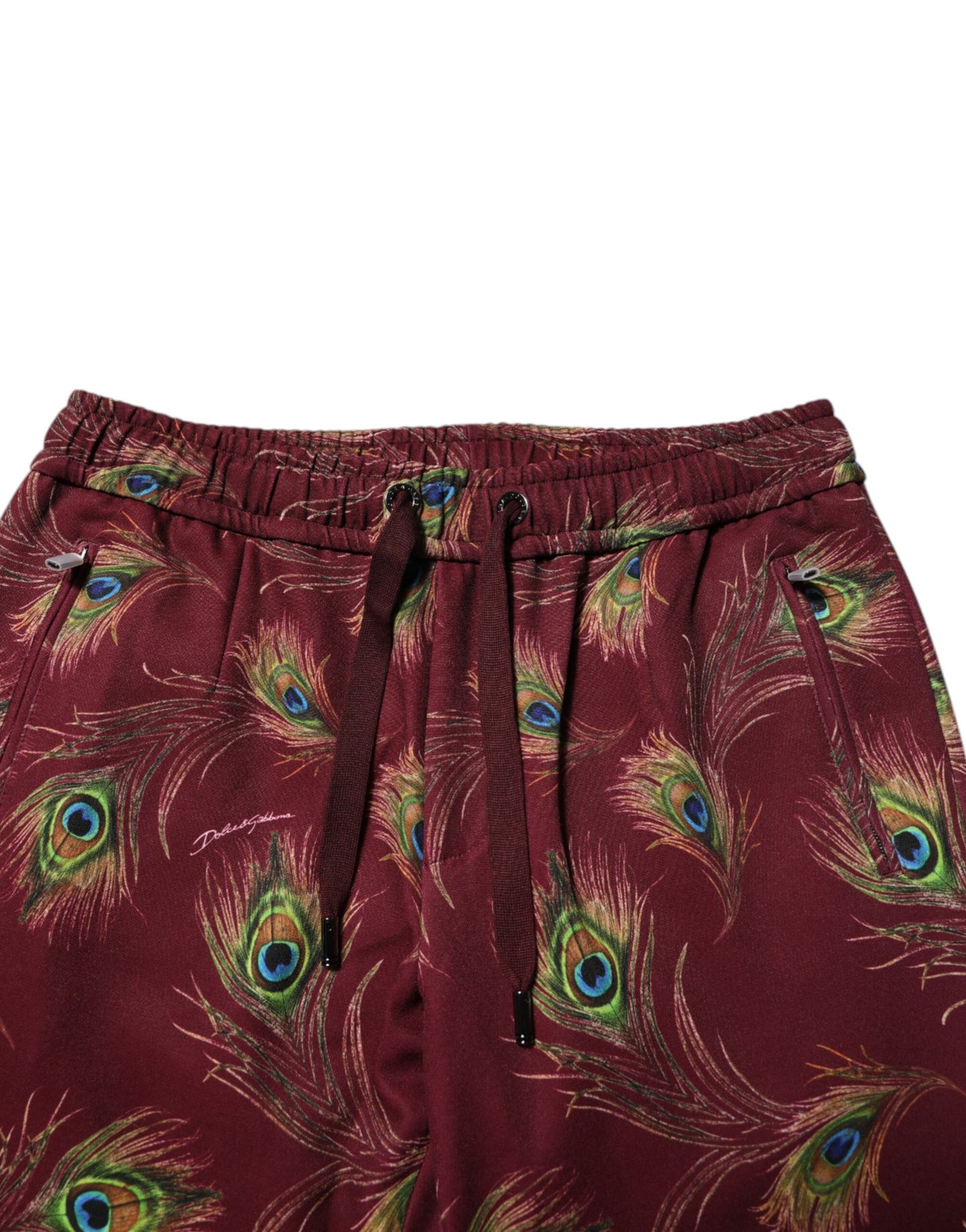 Dolce &amp; Gabbana Burgundy Peacock Feather Print Jogger Pants