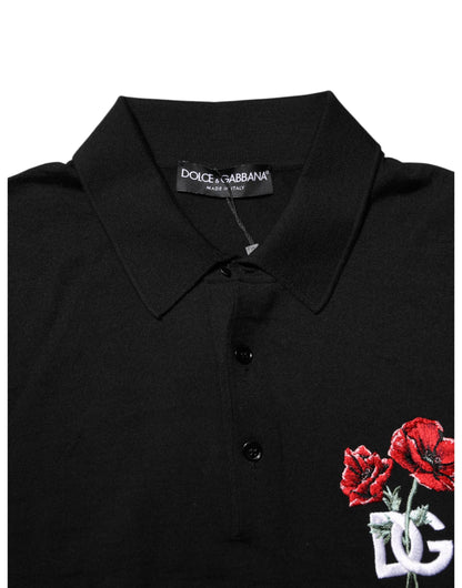 Polo Dolce &amp; Gabbana en laine noire avec logo DG et col rose