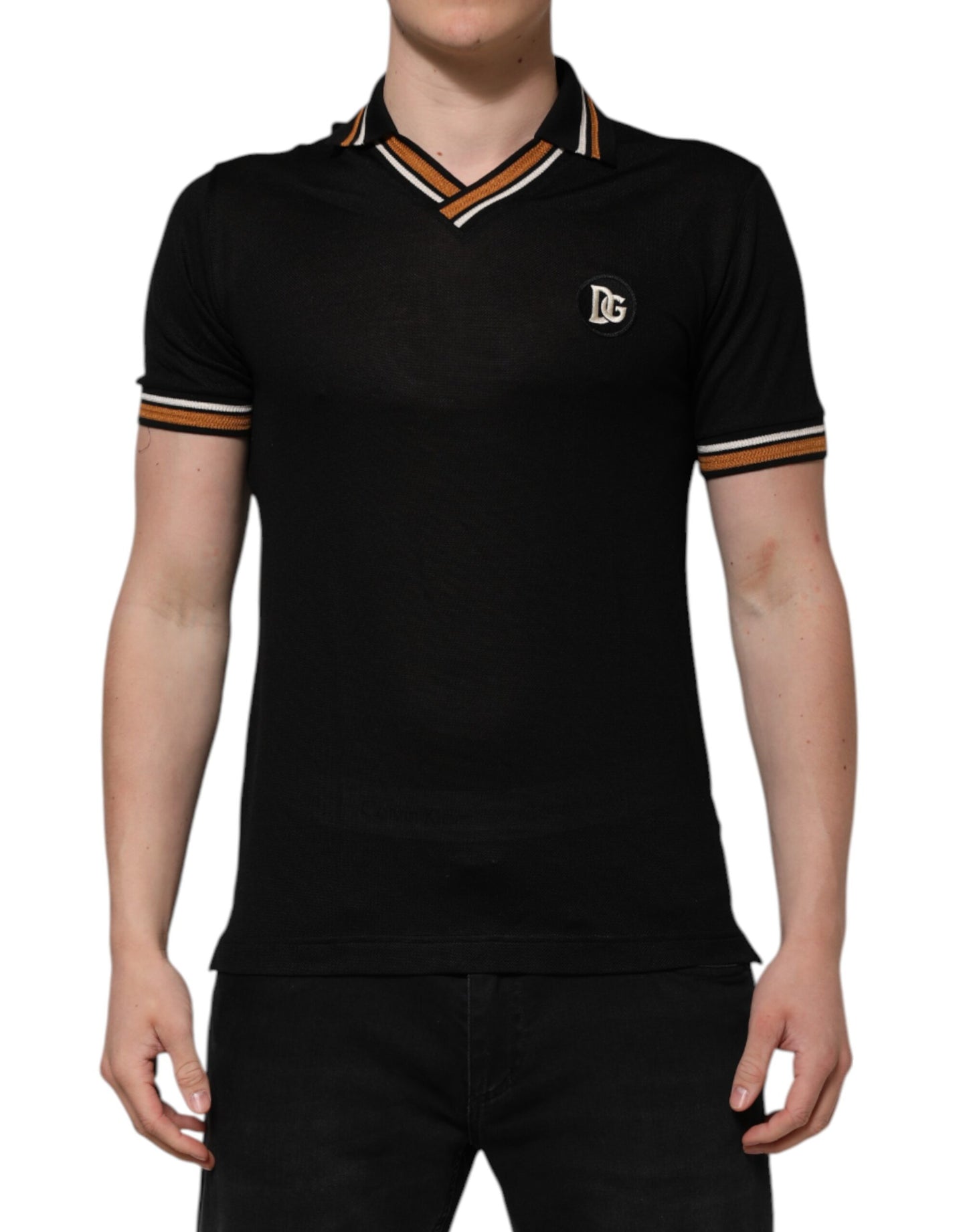Polo Dolce &amp; Gabbana noir en soie DG à col en V pour homme