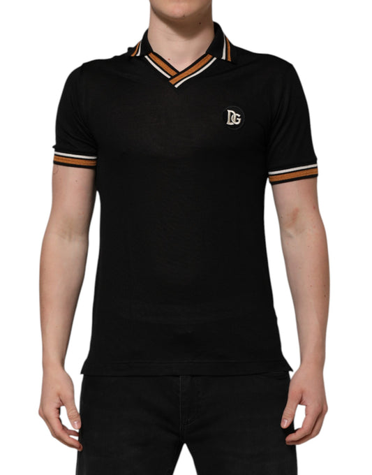 Polo Dolce &amp; Gabbana noir en soie DG à col en V pour homme