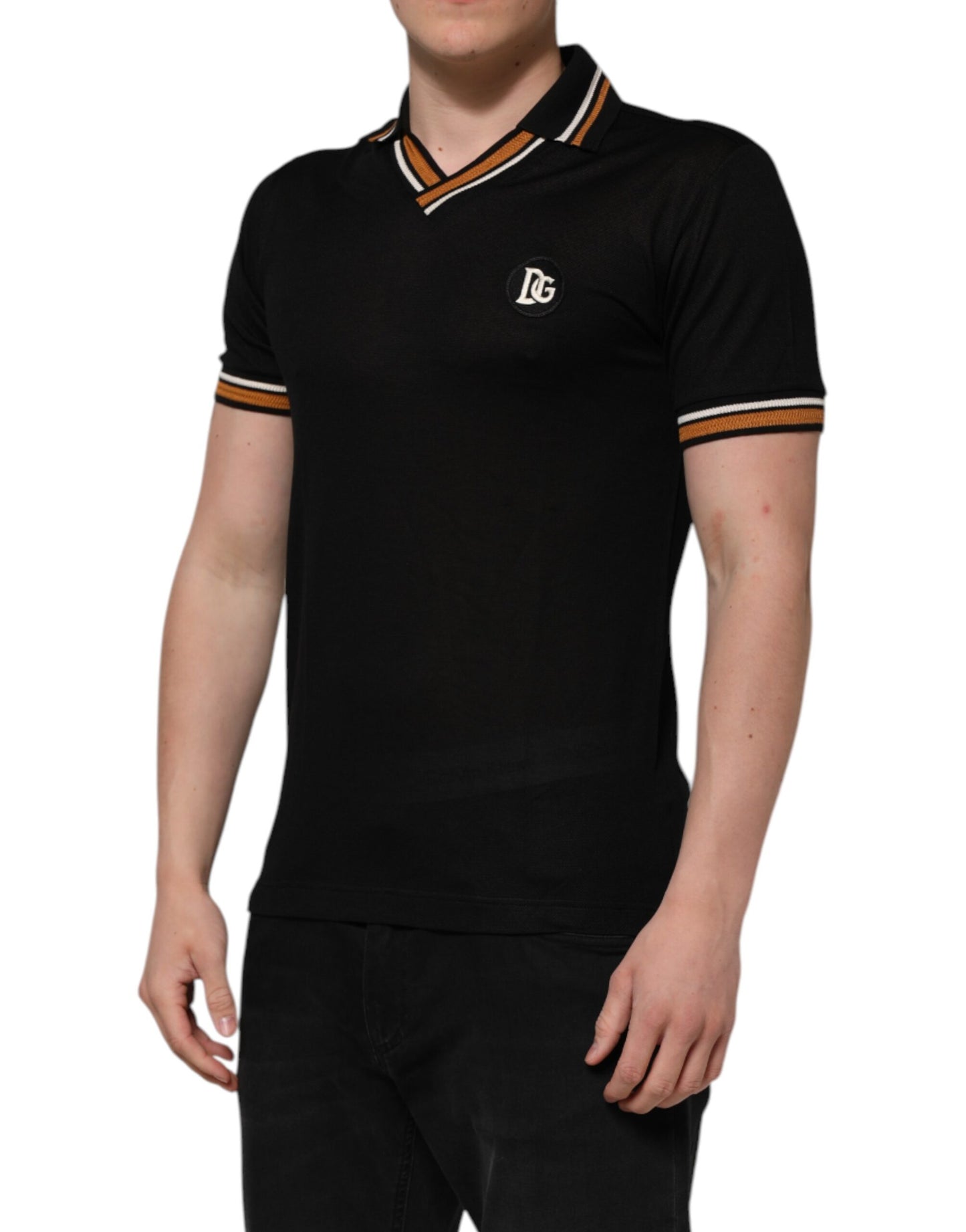 Polo Dolce &amp; Gabbana noir en soie DG à col en V pour homme