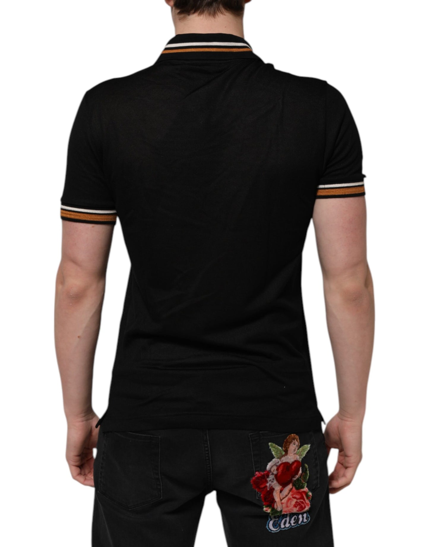 Polo Dolce &amp; Gabbana noir en soie DG à col en V pour homme