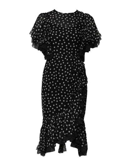 Robe en mousseline de soie à pois et dentelle noire et blanche Dolce &amp; Gabbana