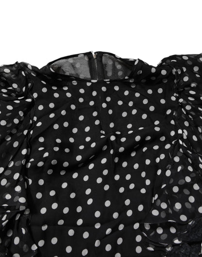 Robe en mousseline de soie à pois et dentelle noire et blanche Dolce &amp; Gabbana