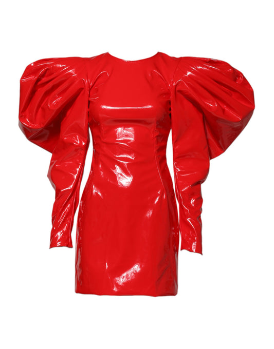 Mini-robe à manches bouffantes en cuir verni rouge Dolce &amp; Gabbana