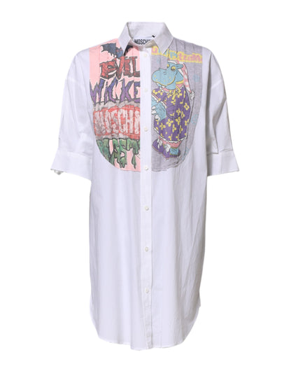 Robe chemise courte blanche à col imprimé et boutons Moschino Couture