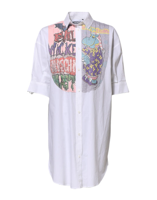 Robe chemise courte blanche à col imprimé et boutons Moschino Couture
