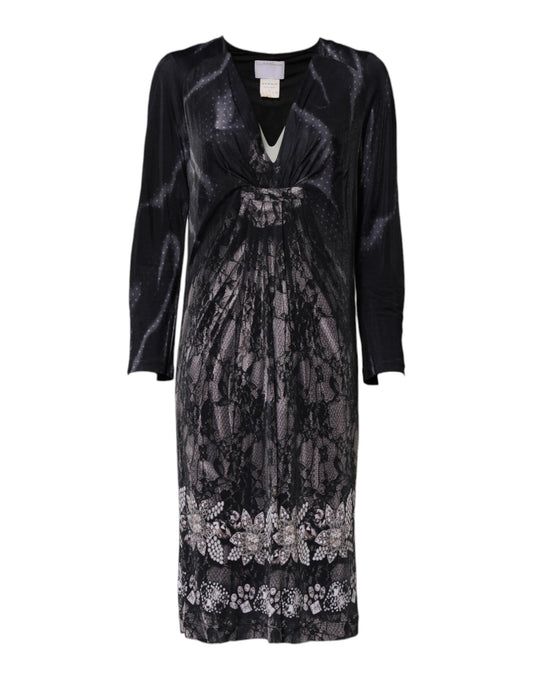 Robe fourreau mi-longue en viscose noire à fleurs Roberto Cavalli