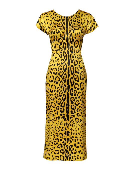 Dolce &amp; Gabbana Yellow Polyester Leopard Midi Sheath Dress