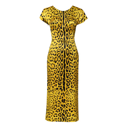 Dolce &amp; Gabbana Yellow Polyester Leopard Midi Sheath Dress