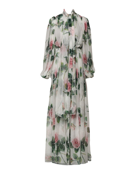Robe longue en soie à imprimé floral blanc Dolce &amp; Gabbana