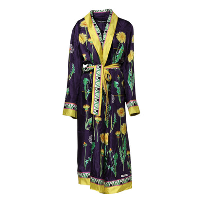 Robe portefeuille à manches longues en soie à imprimé floral bleu Dolce &amp; Gabbana