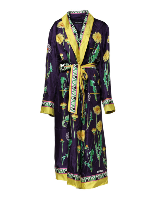 Robe portefeuille à manches longues en soie à imprimé floral bleu Dolce &amp; Gabbana