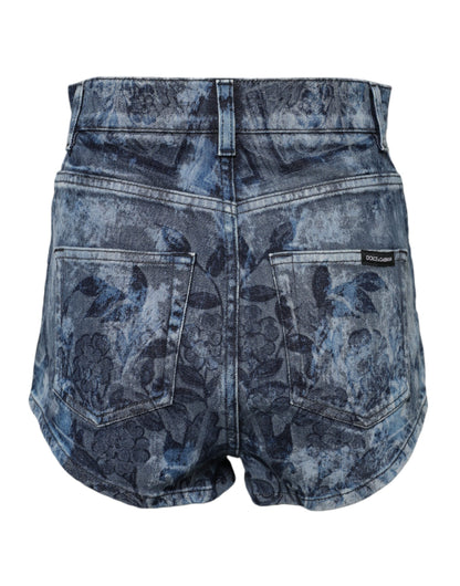 Dolce &amp; Gabbana Blue Floral Print Denim Cotton Hot Pants Shorts