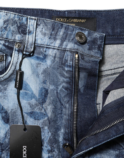 Dolce &amp; Gabbana Blue Floral Print Denim Cotton Hot Pants Shorts