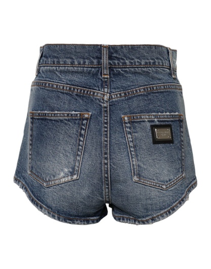 Dolce &amp; Gabbana Blue Tattered Denim Cotton Hot Pants Shorts