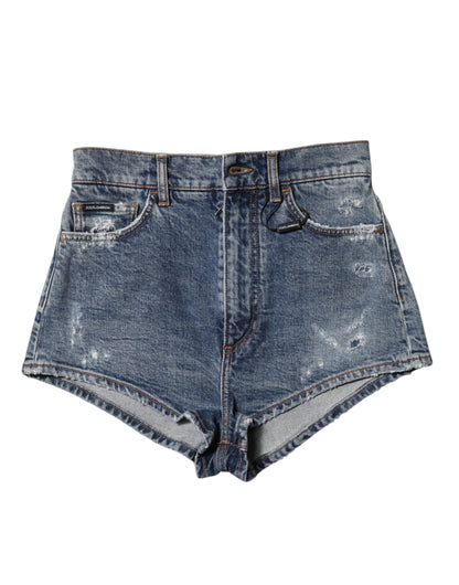 Dolce &amp; Gabbana Blue Tattered Denim Cotton Hot Pants Shorts