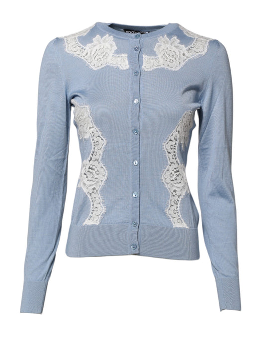 Dolce &amp; Gabbana Blue Floral Lace Detailing Cardigan Sweater