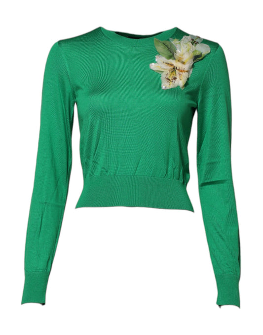 Dolce &amp; Gabbana Green Floral Detailing Silk Pullover Sweater