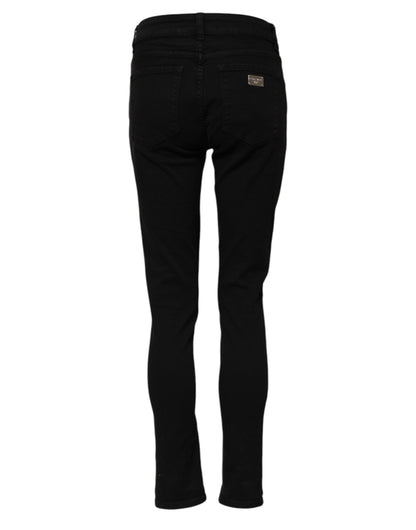 Dolce &amp; Gabbana Black Cotton Logo Skinny Mid Waist Denim Jeans