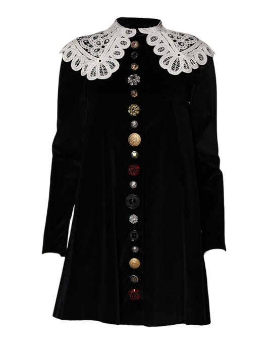 Robe en velours noir à col en dentelle et ornements Dolce &amp; Gabbana