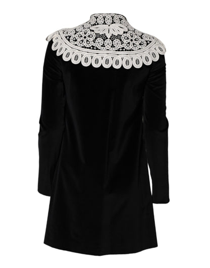 Robe en velours noir à col en dentelle et ornements Dolce &amp; Gabbana