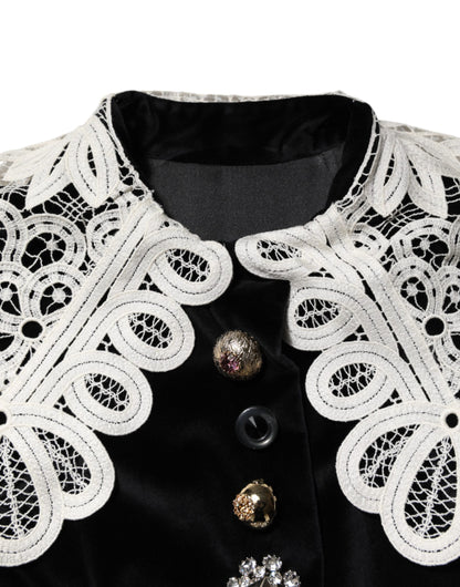 Robe en velours noir à col en dentelle et ornements Dolce &amp; Gabbana