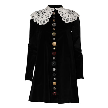 Robe en velours noir à col en dentelle et ornements Dolce &amp; Gabbana