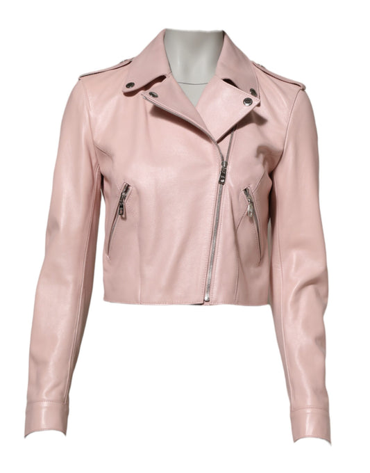 Dolce &amp; Gabbana Light Pink Collar Leather Women Biker Jacket