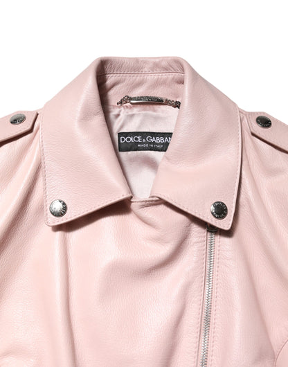 Dolce &amp; Gabbana Light Pink Collar Leather Women Biker Jacket