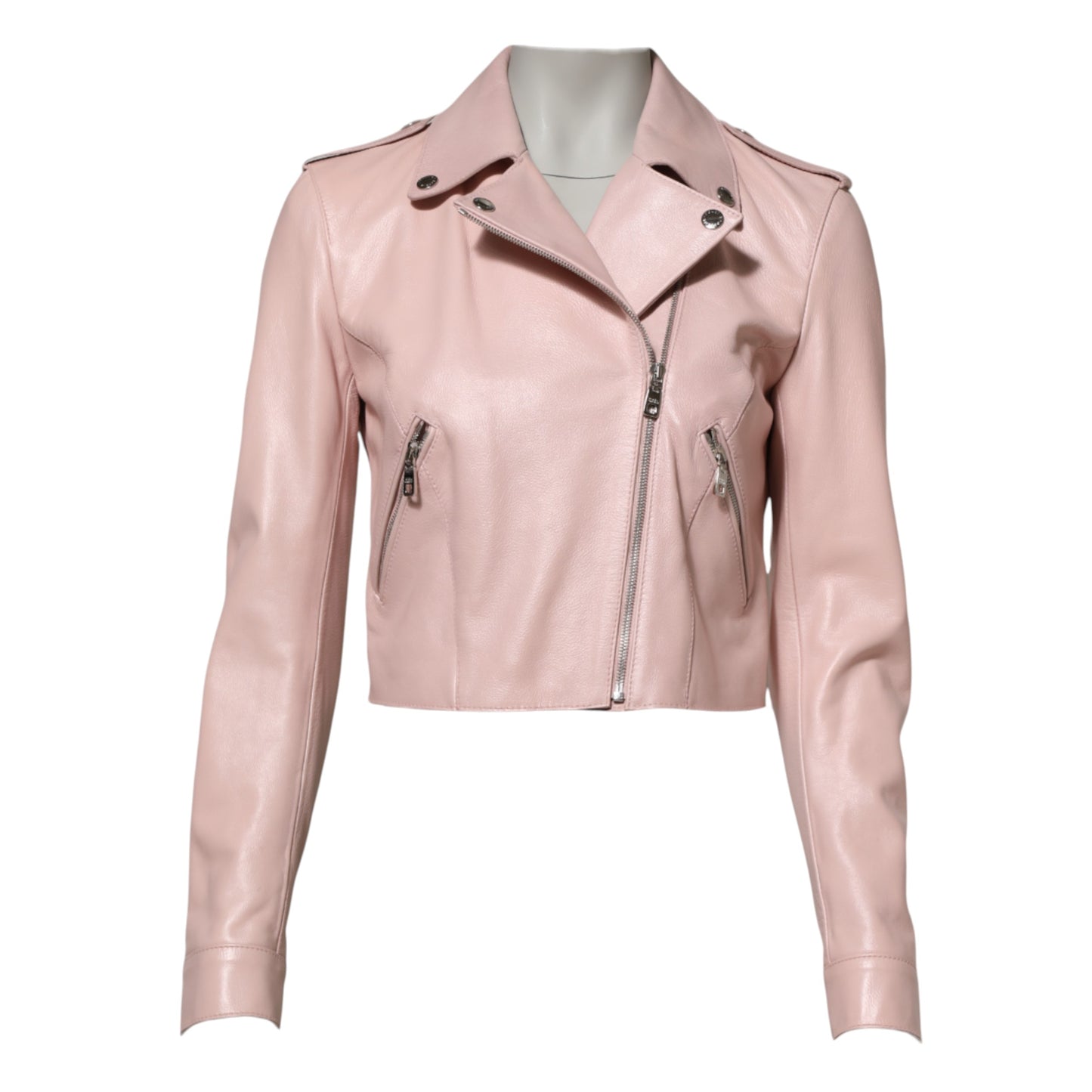 Dolce &amp; Gabbana Light Pink Collar Leather Women Biker Jacket