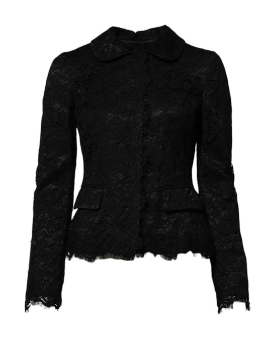 Dolce &amp; Gabbana Black Floral Lace Cotton Collared Jacket