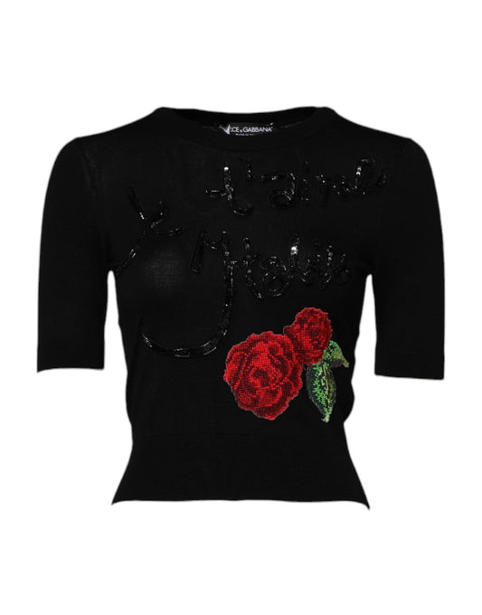 Dolce &amp; Gabbana Black Rose Sequin Embellishments Blouse Top