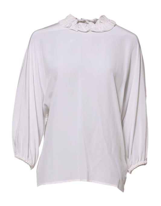 Dolce &amp; Gabbana White Ruffled Neckline Blouse Pullover Top