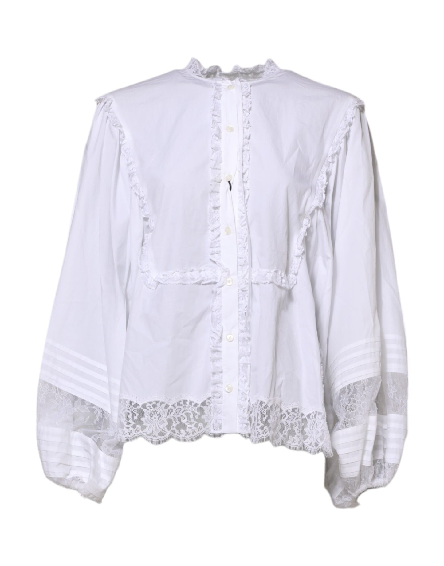 Dolce &amp; Gabbana White Ruffled Lace Embellished Blouse Top