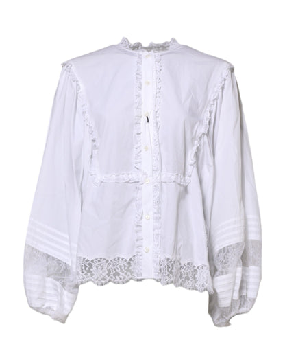 Dolce &amp; Gabbana White Ruffled Lace Embellished Blouse Top