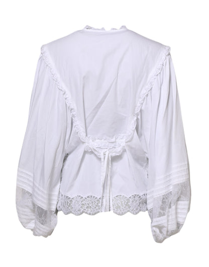 Dolce &amp; Gabbana White Ruffled Lace Embellished Blouse Top
