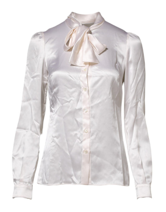 Dolce &amp; Gabbana White Ascot Collar Long Sleeve Blouse Top