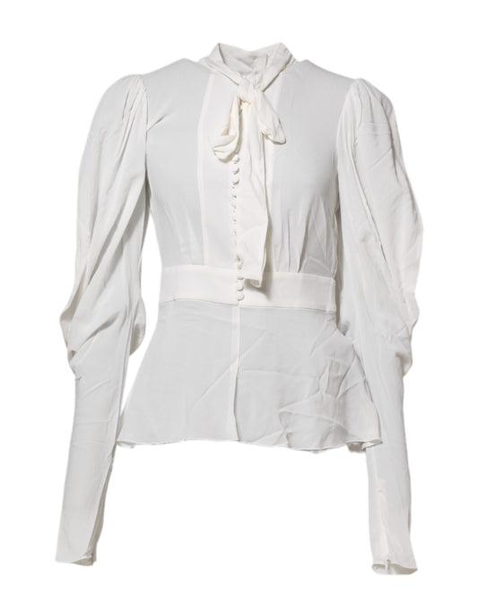 Dolce &amp; Gabbana White Viscose Ascot Collar Long Sleeves Top