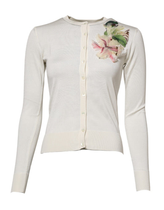 Dolce &amp; Gabbana White Silk Lily Embellished Cardigan Sweater