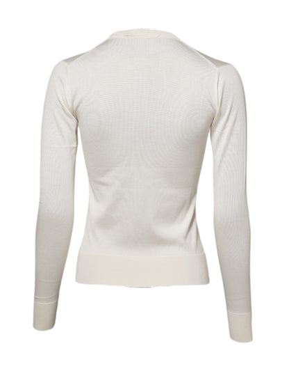 Dolce &amp; Gabbana White Silk Lily Buttoned Cardigan Sweater