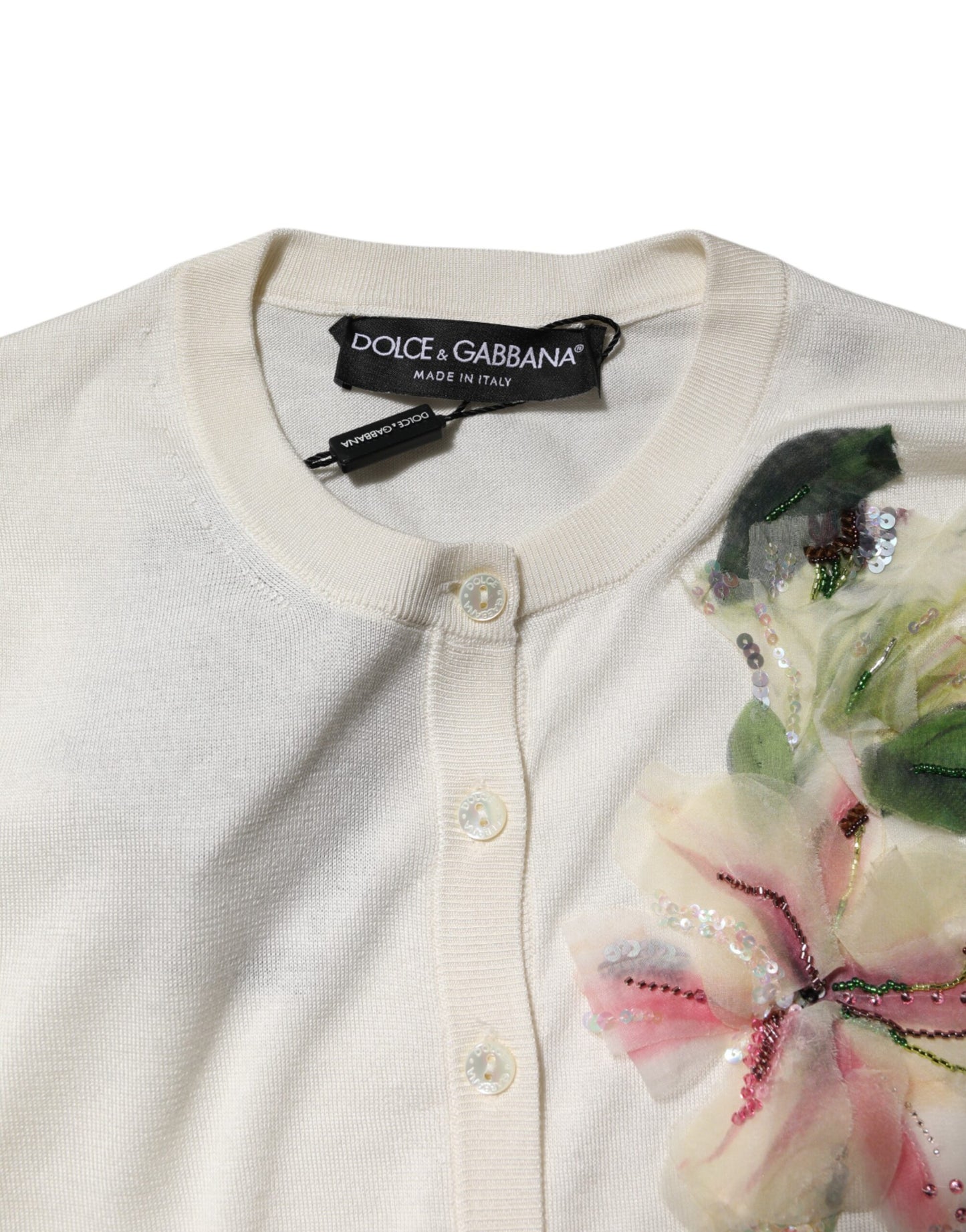 Dolce &amp; Gabbana White Silk Lily Buttoned Cardigan Sweater