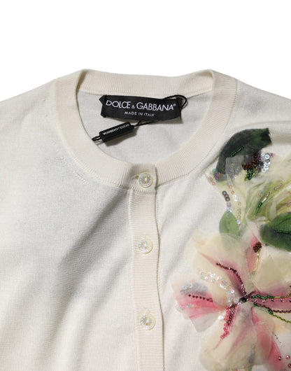 Dolce &amp; Gabbana White Silk Lily Buttoned Cardigan Sweater