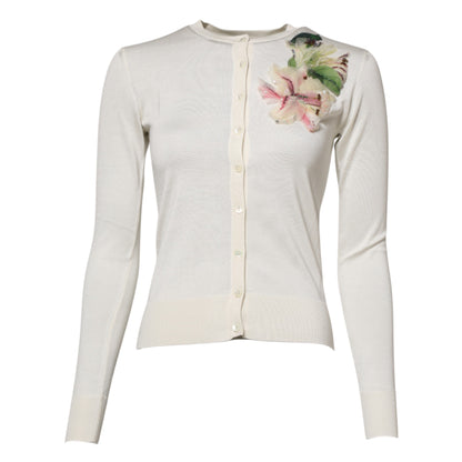 Dolce &amp; Gabbana White Silk Lily Buttoned Cardigan Sweater