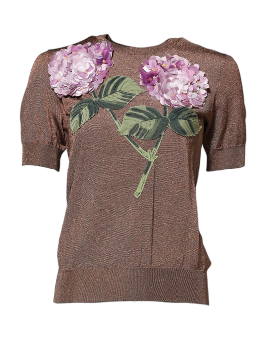 Dolce &amp; Gabbana Brown Lily Embellished Round Neck Blouse Top