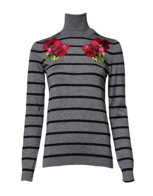 Dolce &amp; Gabbana Gray Floral Embroidery Pullover Sweater
