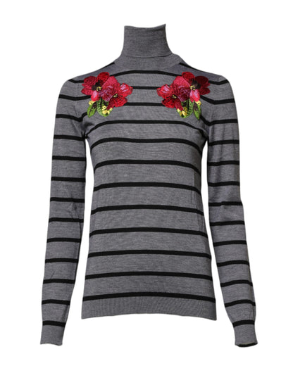 Dolce &amp; Gabbana Gray Floral Embroidery Pullover Sweater