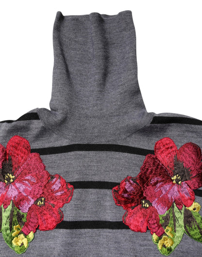 Dolce &amp; Gabbana Gray Floral Embroidery Pullover Sweater