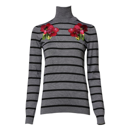 Dolce &amp; Gabbana Gray Floral Embroidery Pullover Sweater